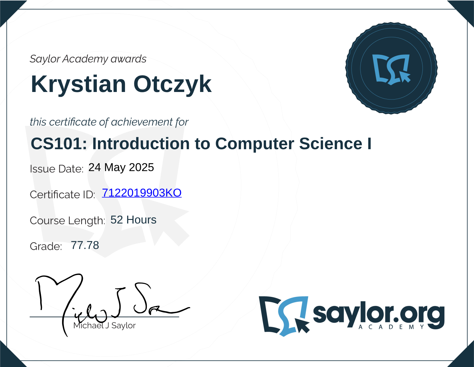 Certyfikat Computer Science I